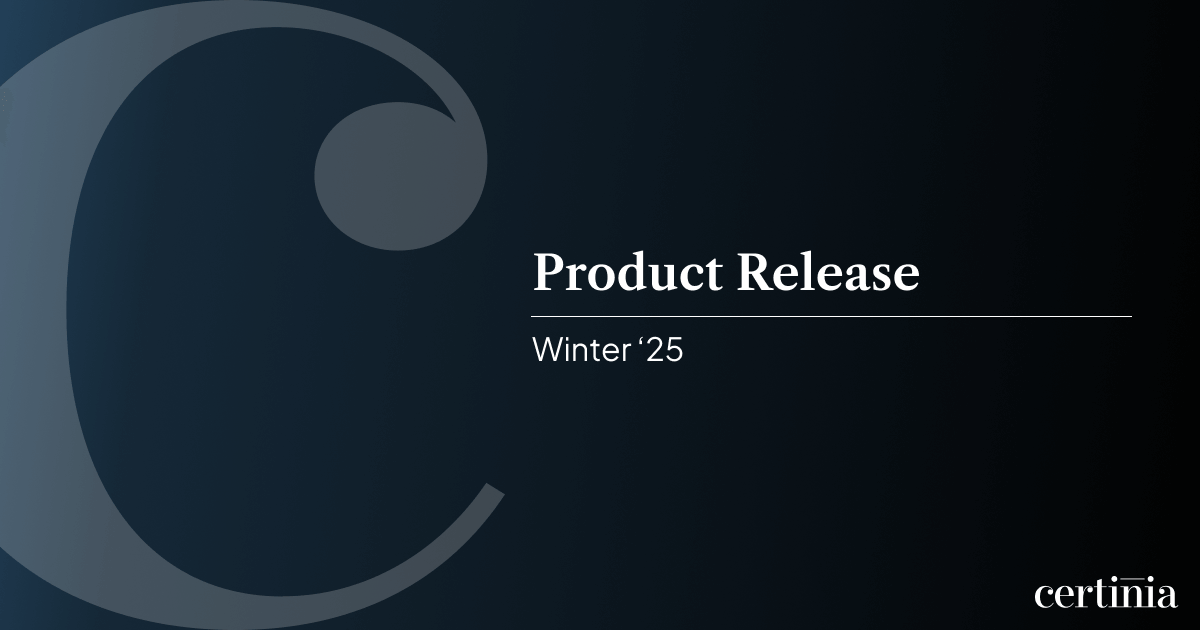 Dark gradient slide with large Certinia “C” logo and centered white text reading “Product Release” with seasonal year label