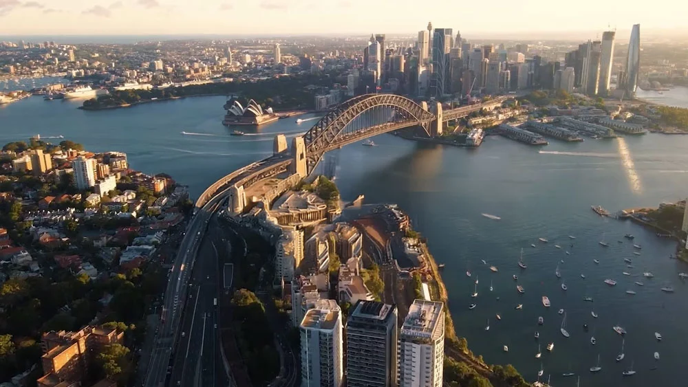 Still from the Vocus video of Sydney Harbour with Vocus logo: Flexible, future-ready enterprise connectivity