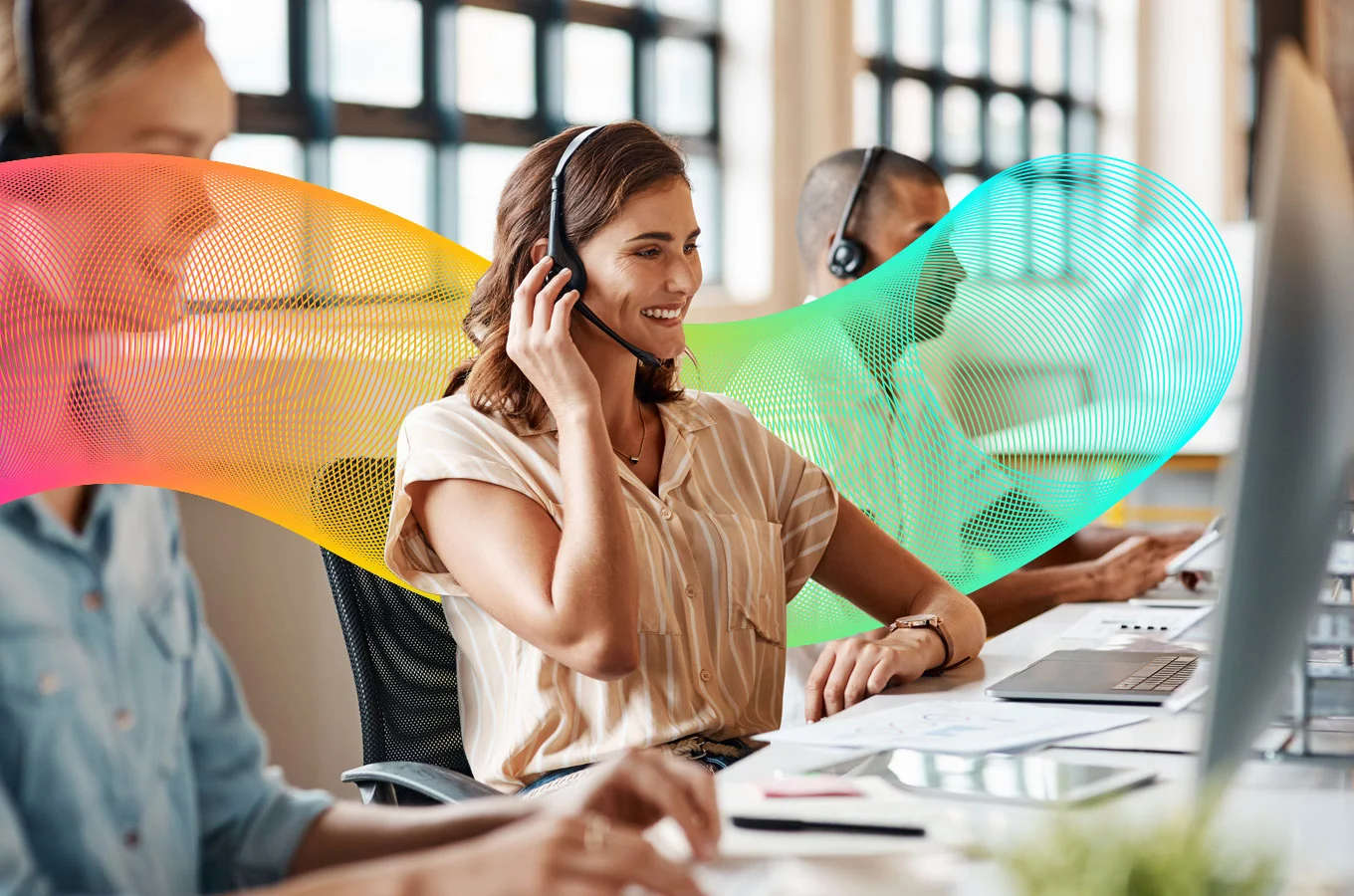 Stylised banner of workers in a call centre