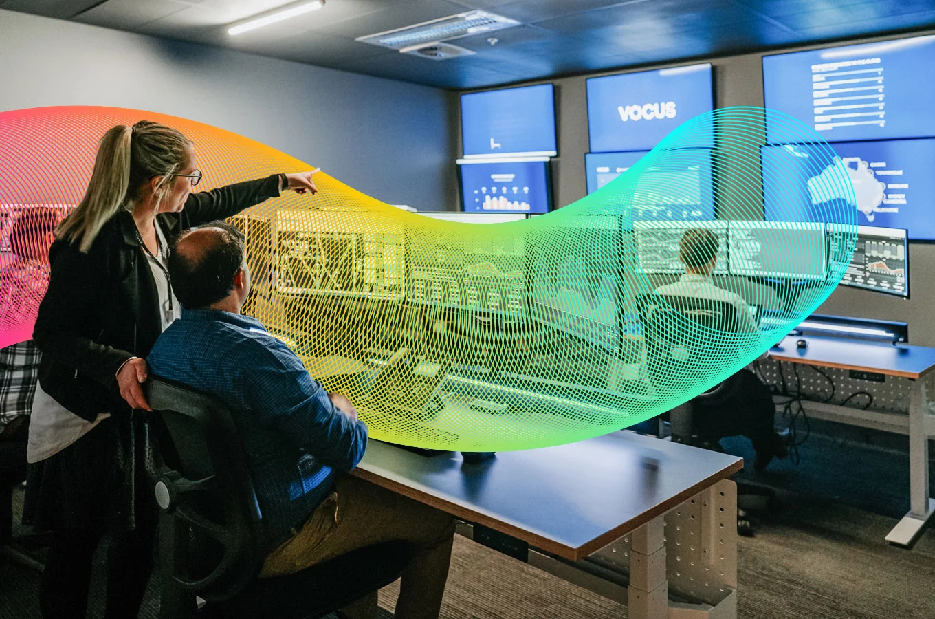 Stylised banner of Vocus workers in Security Operations Centre