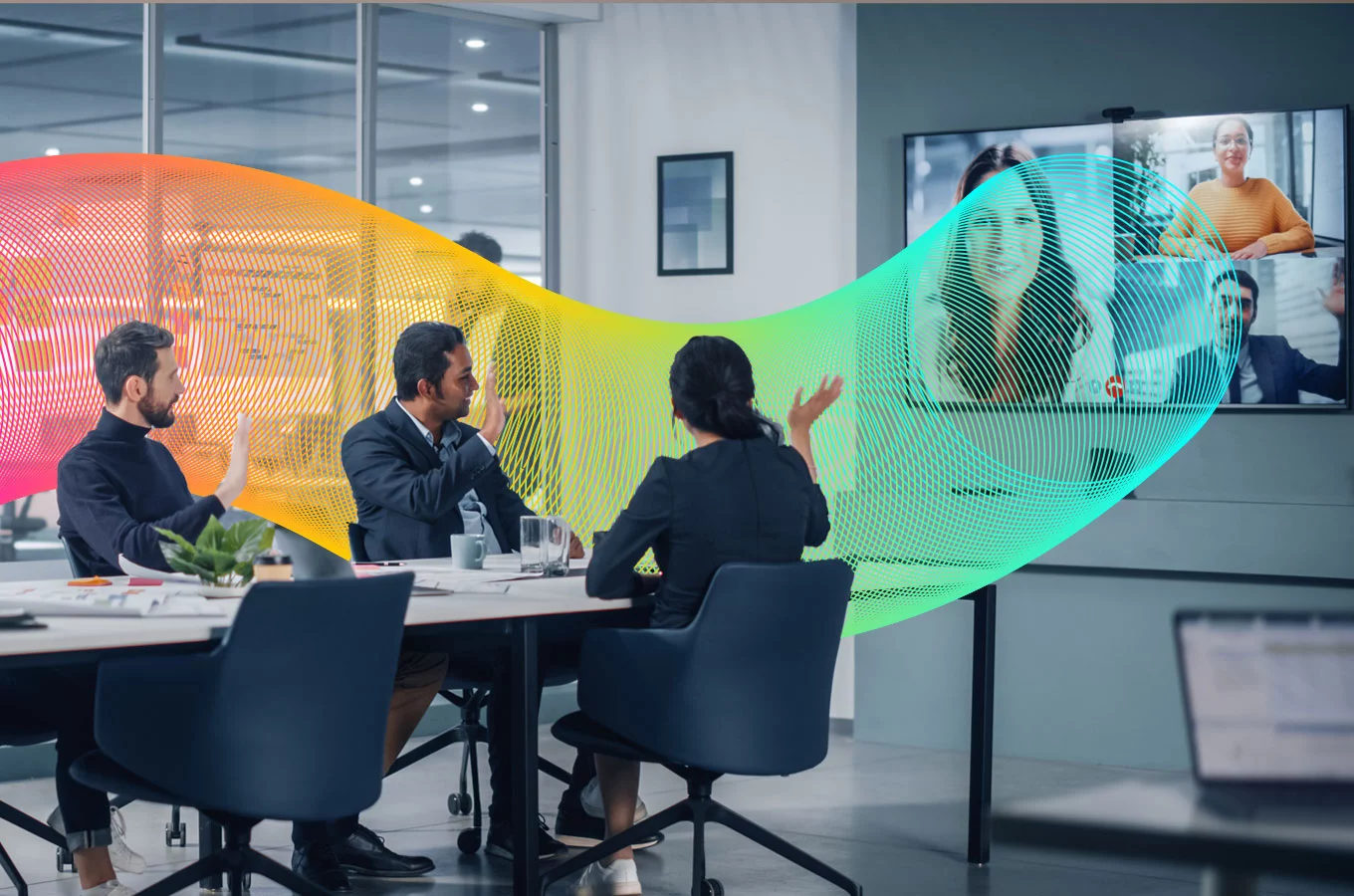Stylised banner of Vocus Unified Communications collaboration with workers in office