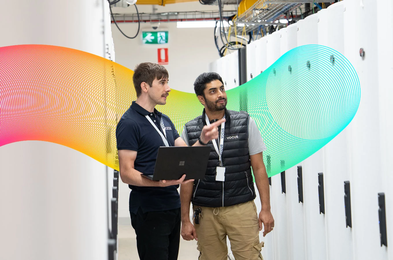 Stylised banner of Vocus workers in a Data Centre