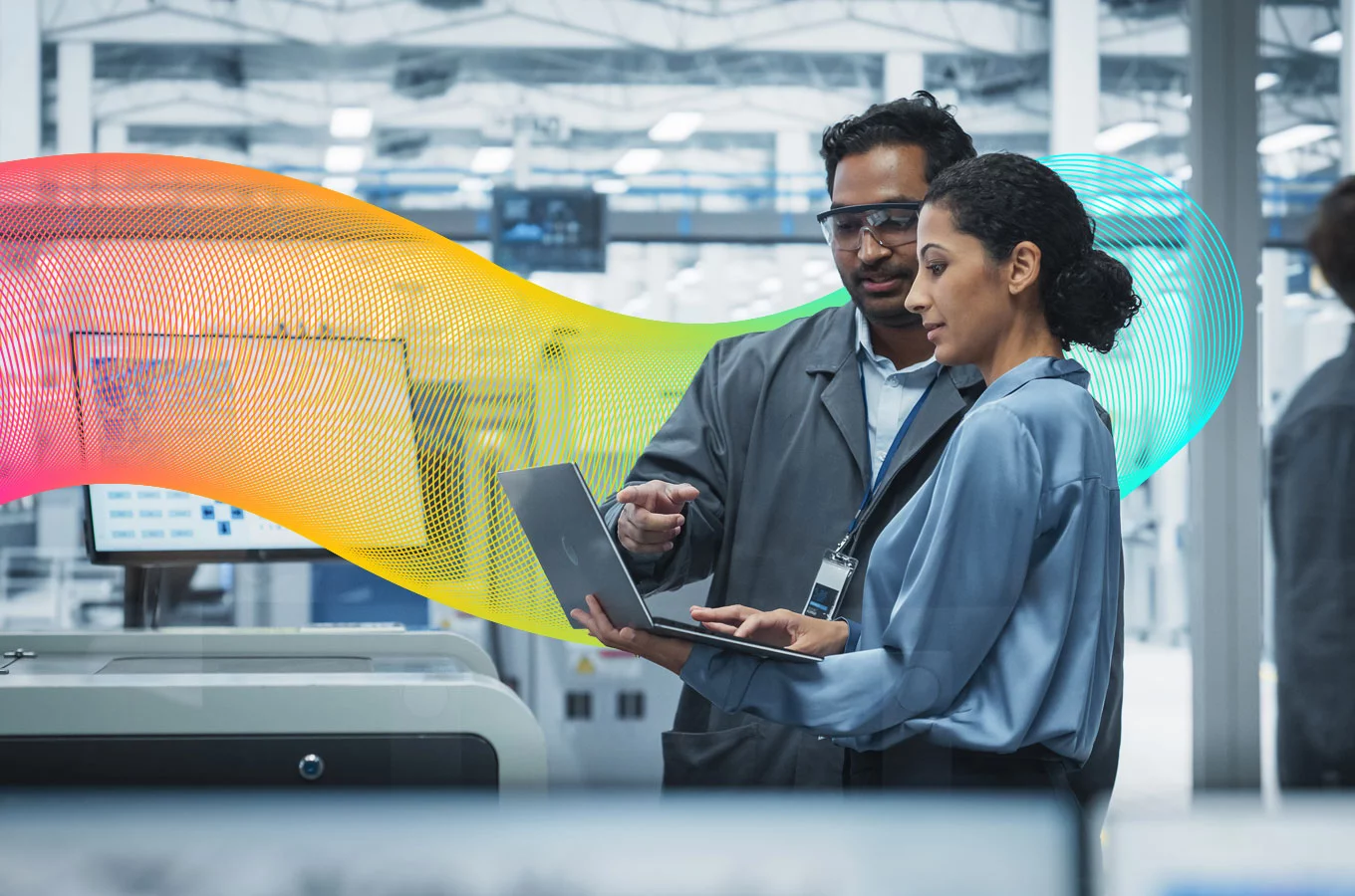 Stylised banner of Vocus workers looking at a laptop