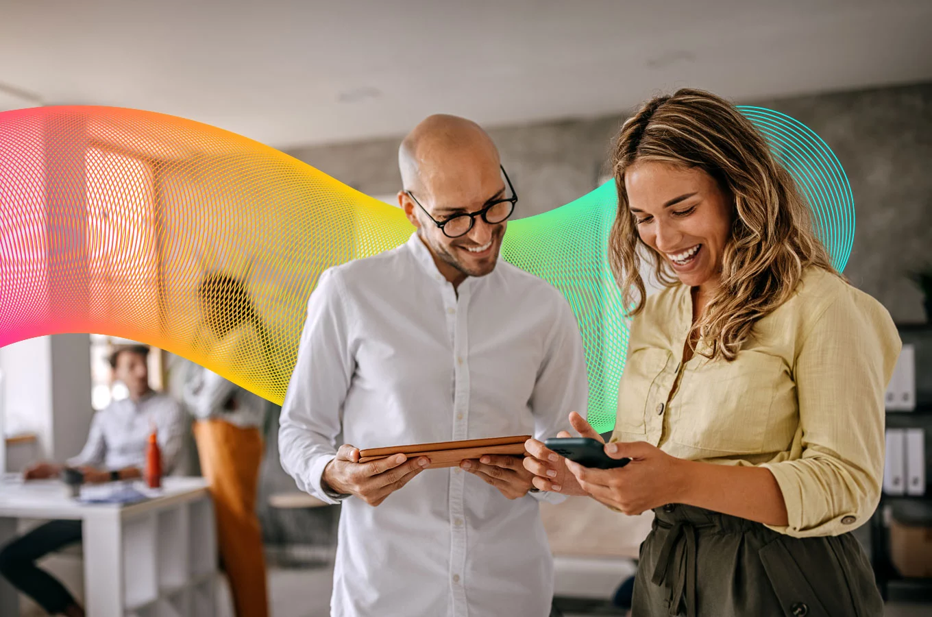 Stylised banner of two workers looking at a mobile phone