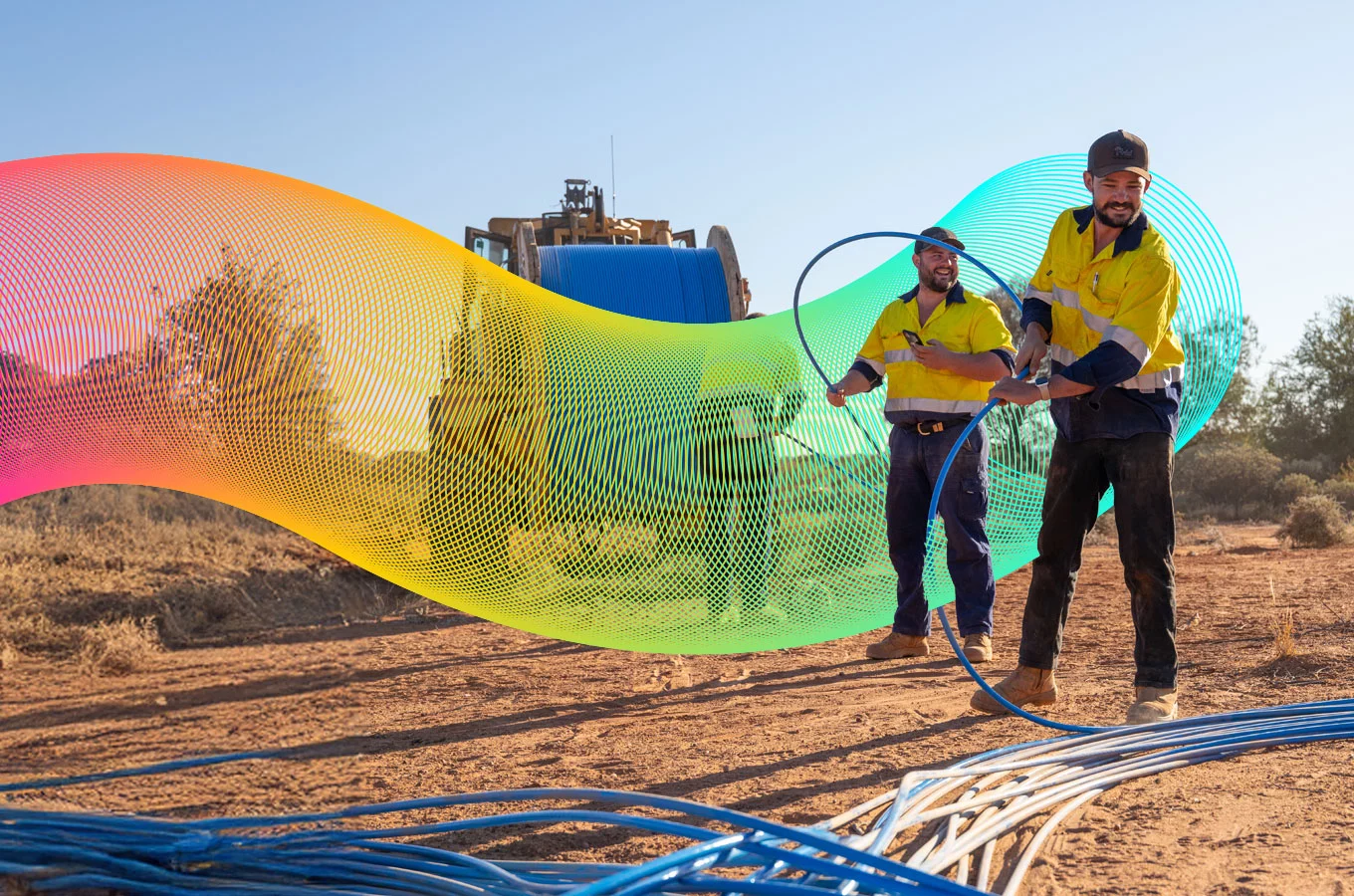 Stylised banner of Vocus Private Networks workers installing cable
