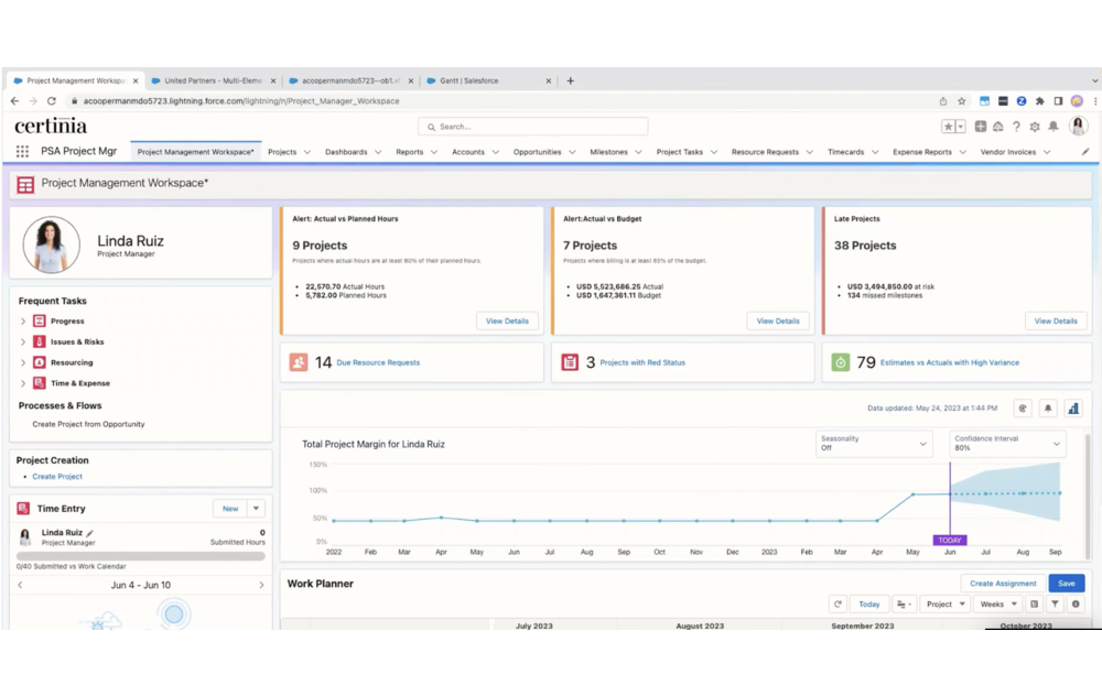 Colorful Certinia dashboard view showing financial metrics, visual charts, and account-level breakdowns for reporting.