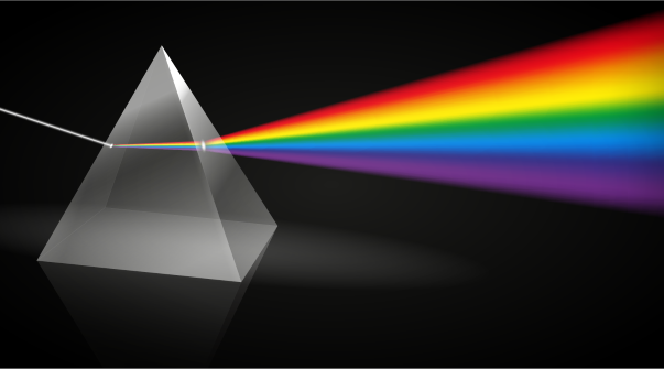 Opitical prism showing the light rays exiting the prism to highlight optical coating technologies.