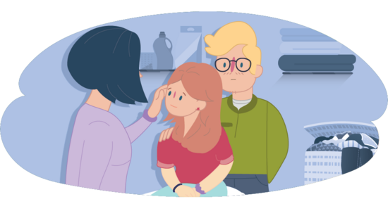 Illustration of a family indoors. One child is sitting while a mother gently touches their forehead. A father stands nearby with hands behind their back. Shelves, folded towels, and a laundry basket are visible in the background.