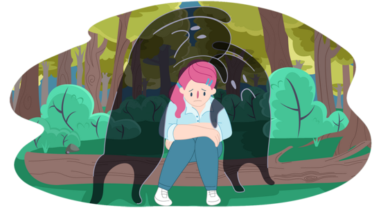 An illustrated person sitting on the ground outdoors among trees and plants, with a dark abstract shapes around the figure.