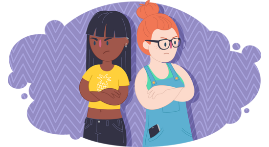 Illustration of two people standing side by side with arms crossed. A patterned purple background fills the scene, and a mobile phone is visible in one person’s pocket.