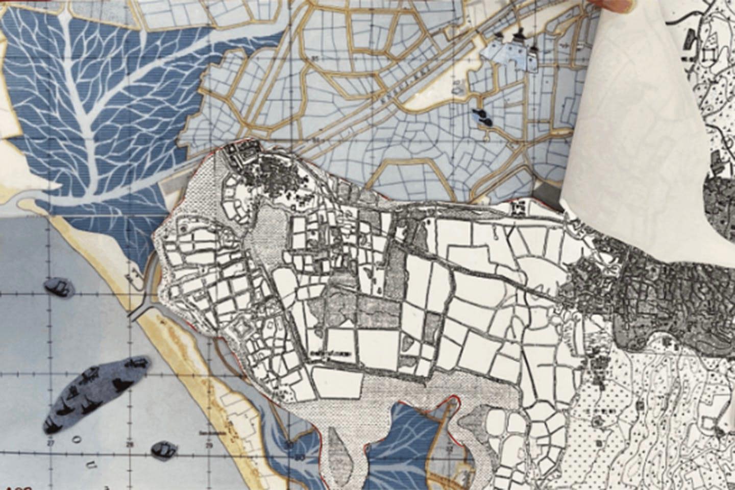 Alternate view of the layered shoreline map of Tainan City, created by Aviela Berk-Silverman, Katina Chang, and Senna Kotlizky, highlighting the spatial complexity of the arcaded neighborhood’s develo
