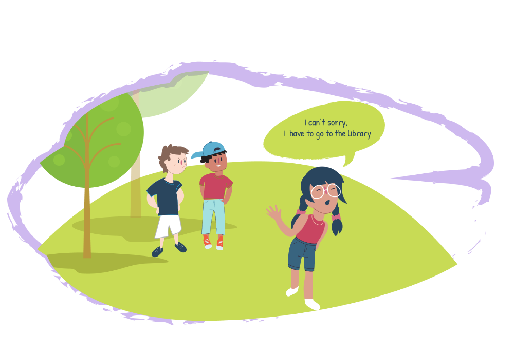 Illustration of a person walking away and gesturing with one hand. A speech bubble says, “I can’t sorry, I have to go to the library”. Two other people stand nearby under trees.