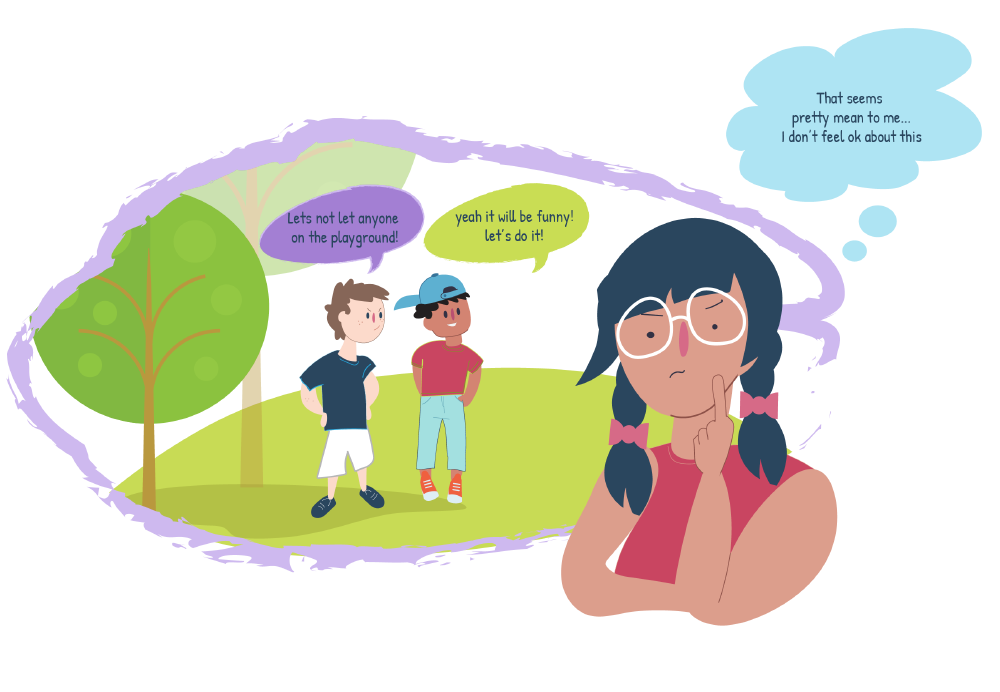 Illustration showing a person in the foreground with a hand near their face. In the background, two other people stand near trees with speech bubbles. A thought bubble reads, “That seems pretty mean to me… I don’t feel ok about this”.