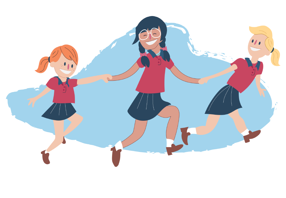 Illustration of three people holding hands while moving forward together. All three wear similar clothing and are shown against a blue abstract background.