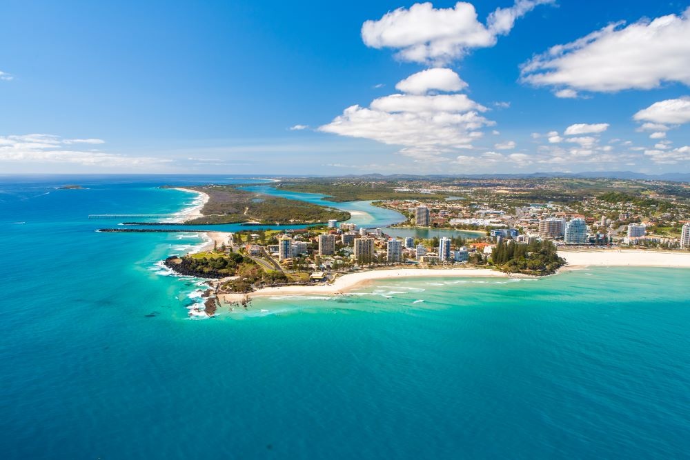Snapper Rocks and Rainbow Bay from an aerial perspective on the southern Gold Coast