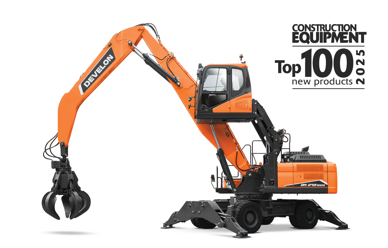 The DEVELON DX270WMH-7 wheel material handler against a white background.