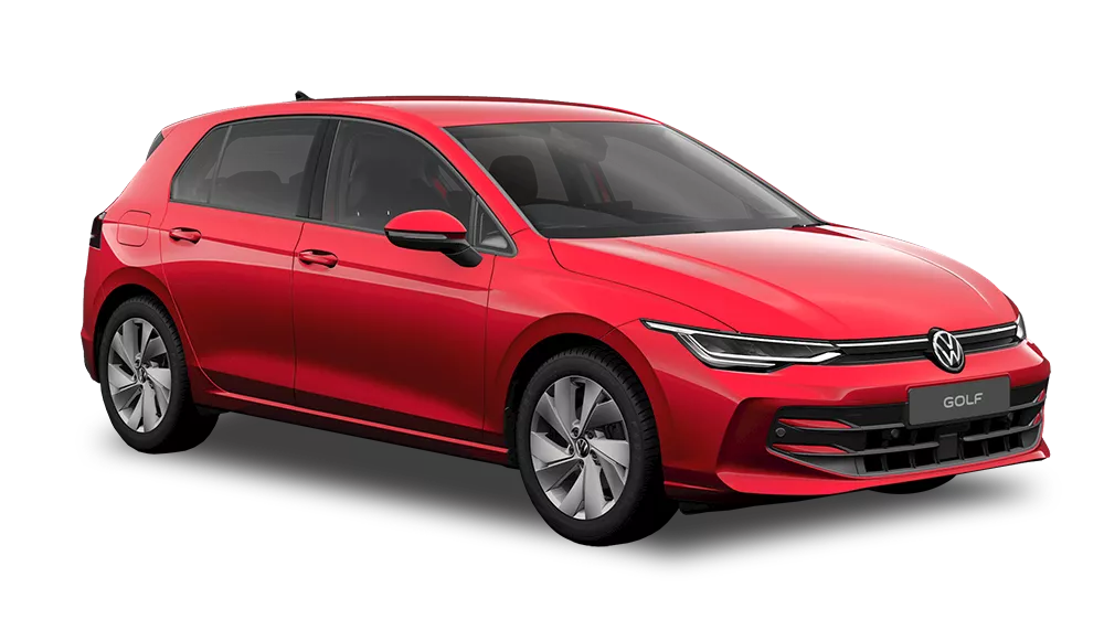 A red Volkswagen Golf hatchback displayed on a transparent background. The car features a sleek, aerodynamic design with slim LED headlights, a black grille with the VW logo, and sporty alloy wheels, showcasing its modern and compact look.