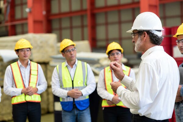 BICSI site manager leading a safety briefing and project instruction for ICT installation crew