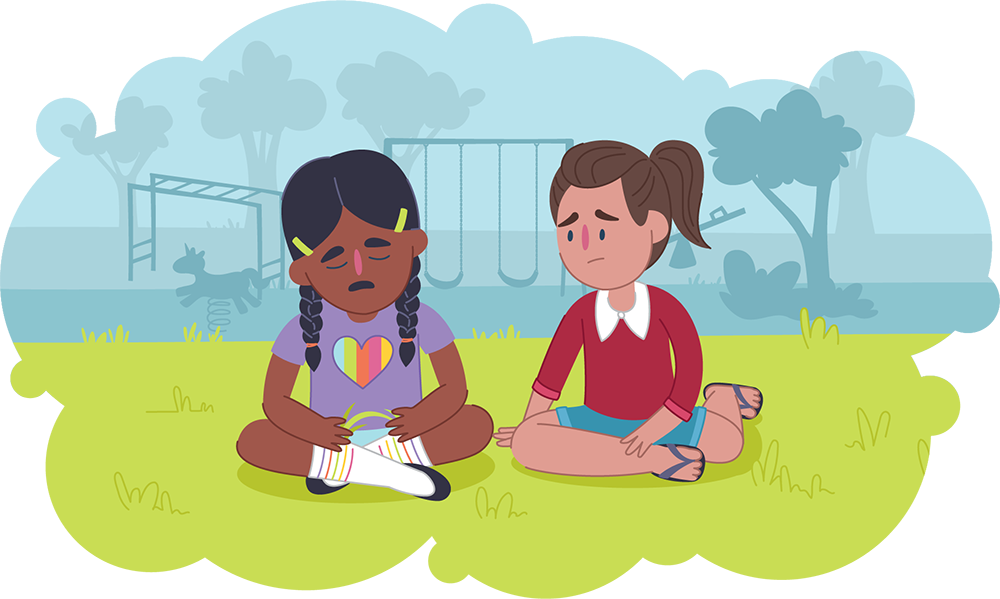 Illustration of two children sitting cross-legged on grass in a park with playground equipment in the background.