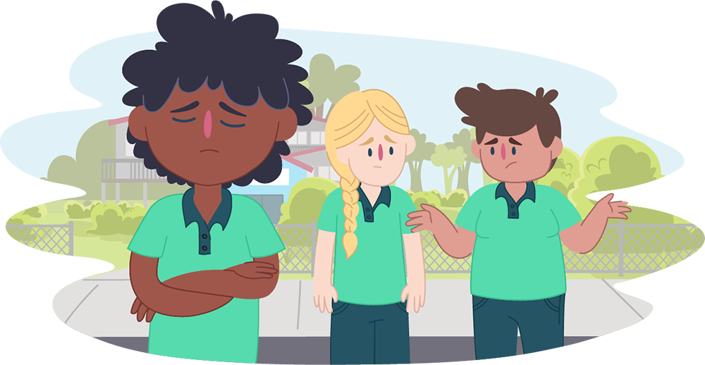 Illustration of three people standing outdoors near a fence and playground. One person stands slightly apart with arms crossed while two others face each other and gesture.