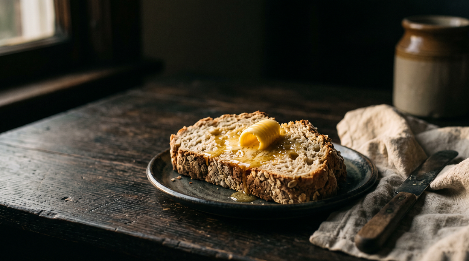 Golden Kerrygold butter melting into a warm slice of Irish soda bread on a dark oak board