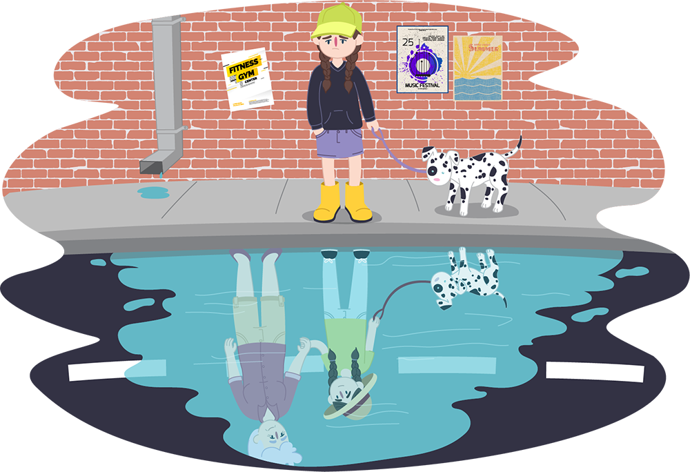 Illustration of a person standing on a footpath with a dog on a lead. A large puddle in front reflects multiple versions of the person. Posters are attached to a brick wall behind them.