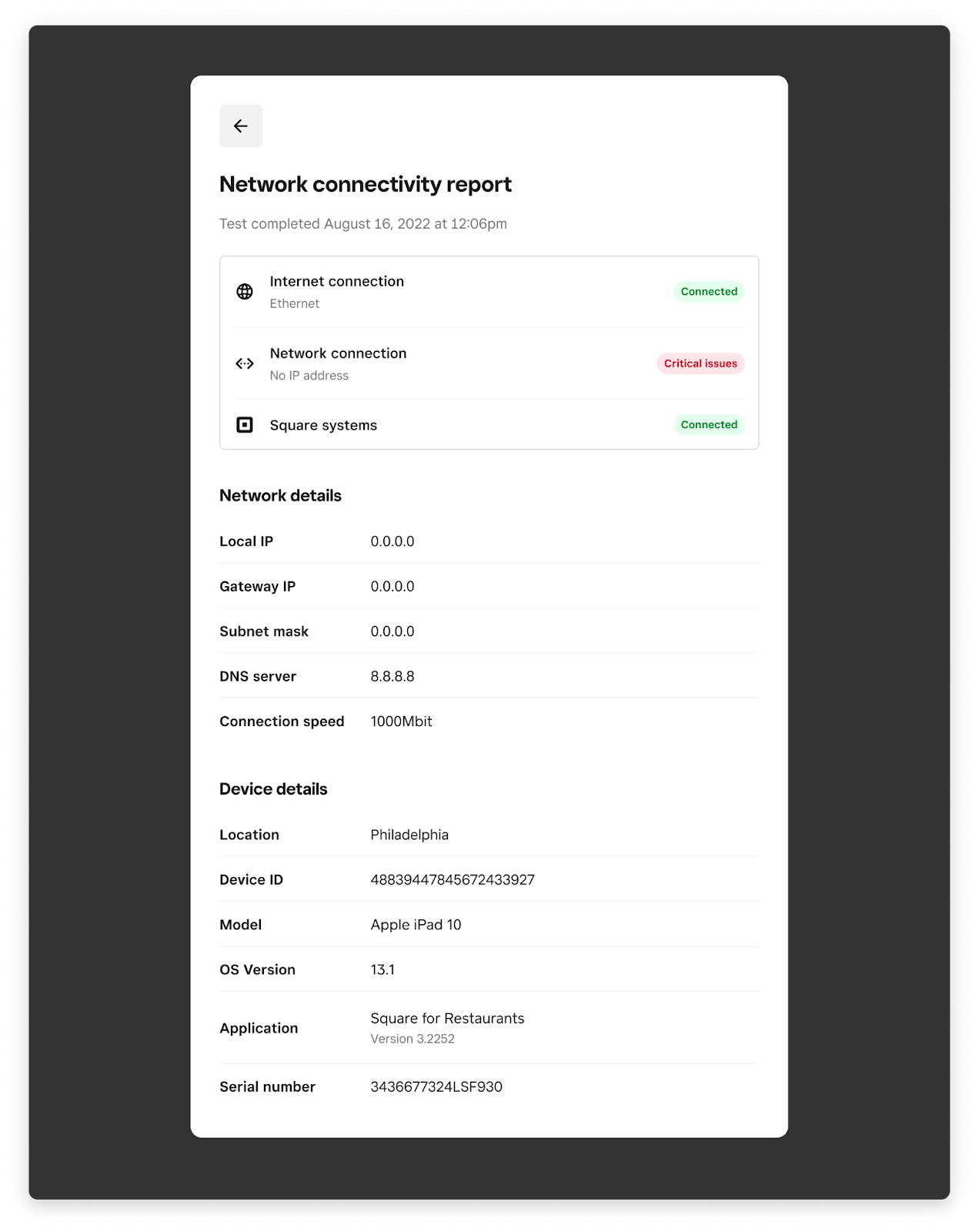 An example of Square's network connectivity report