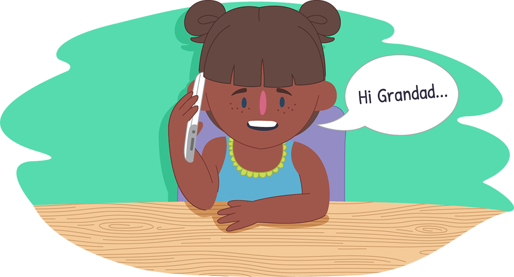Illustration of a child sitting at a table holding a phone, with a speech bubble saying, “Hi Grandad…”.