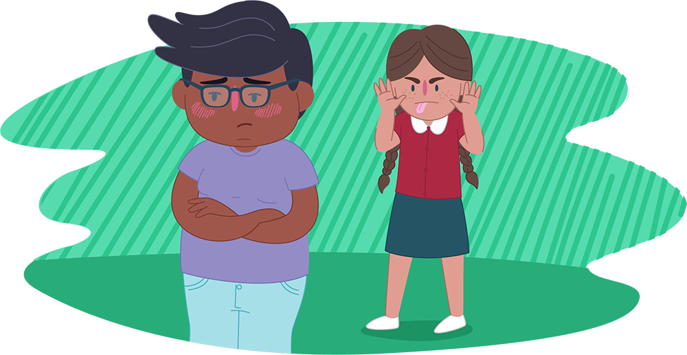 Illustration of two people standing outdoors. One person stands with arms crossed while another stands behind making hand gestures toward them and teasing them. A green patterned background fills the scene.