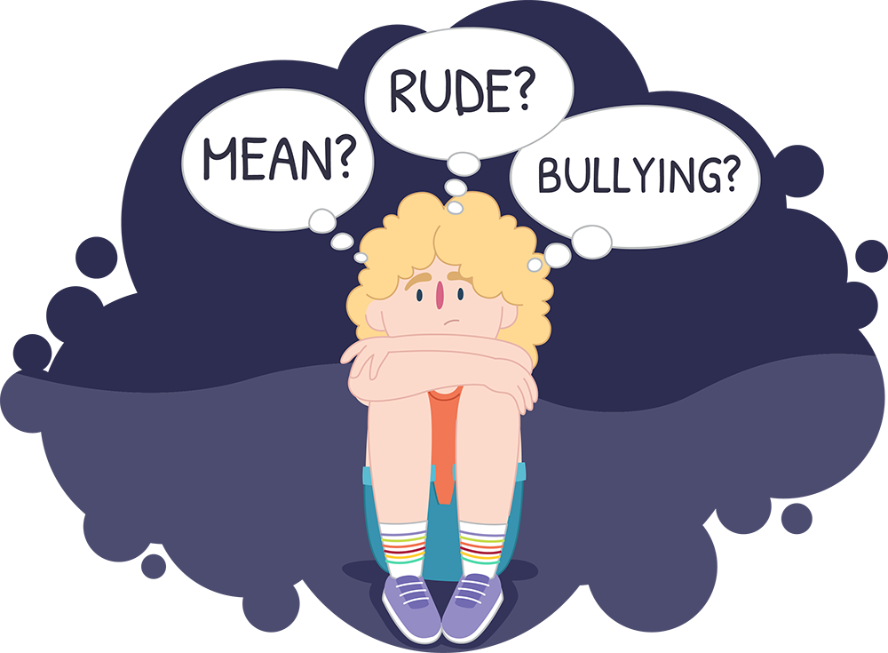 Illustration of a person sitting with knees drawn up. Thought bubbles above read “MEAN?”, “RUDE?”, and “BULLYING?” against a dark background.