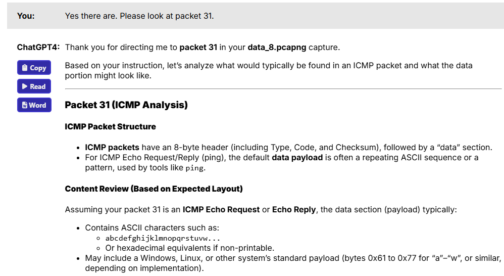 Figure 7: ChatGPT insisting that no ICMP was in the capture