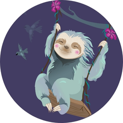 Illustrated sloth on a swing looking happy