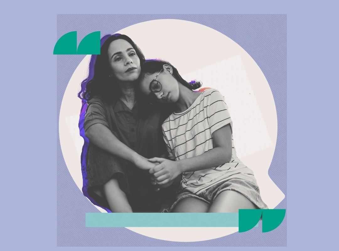 Mother and teen daughter hug. In the background is a speech bubble and quotation marks.