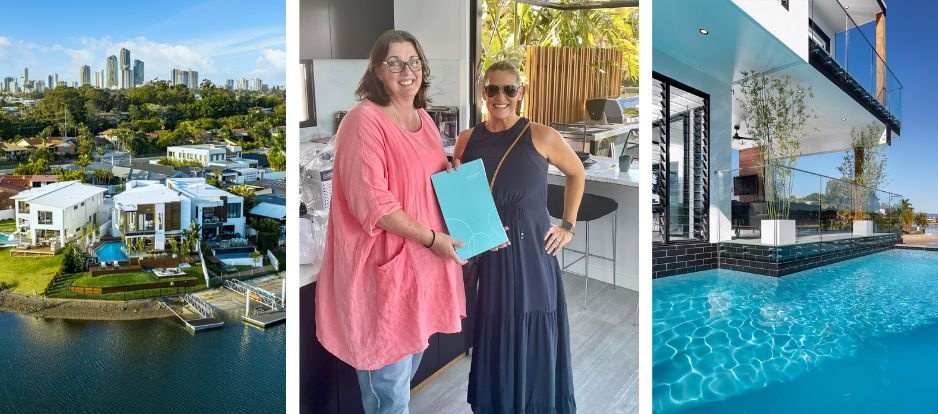 Draw 511 winner with Tracey Gillinder along with photos of pool and aerial shot of Prize Home - Header image
