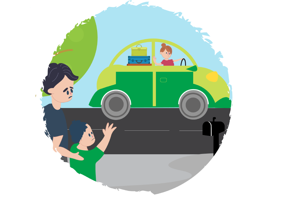 A father standing by a road with his child who is reaching out a hand while a mother waves from a car with suitcases in the back. 