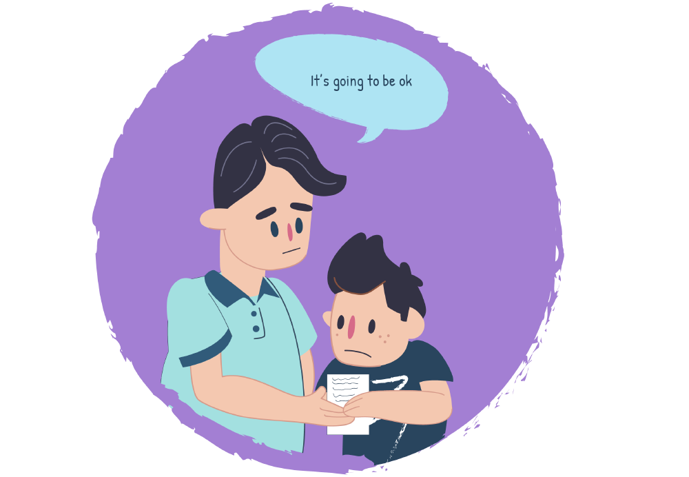 An adult standing with a child while holding a piece of paper, with a speech bubble that says, “It’s going to be ok”.