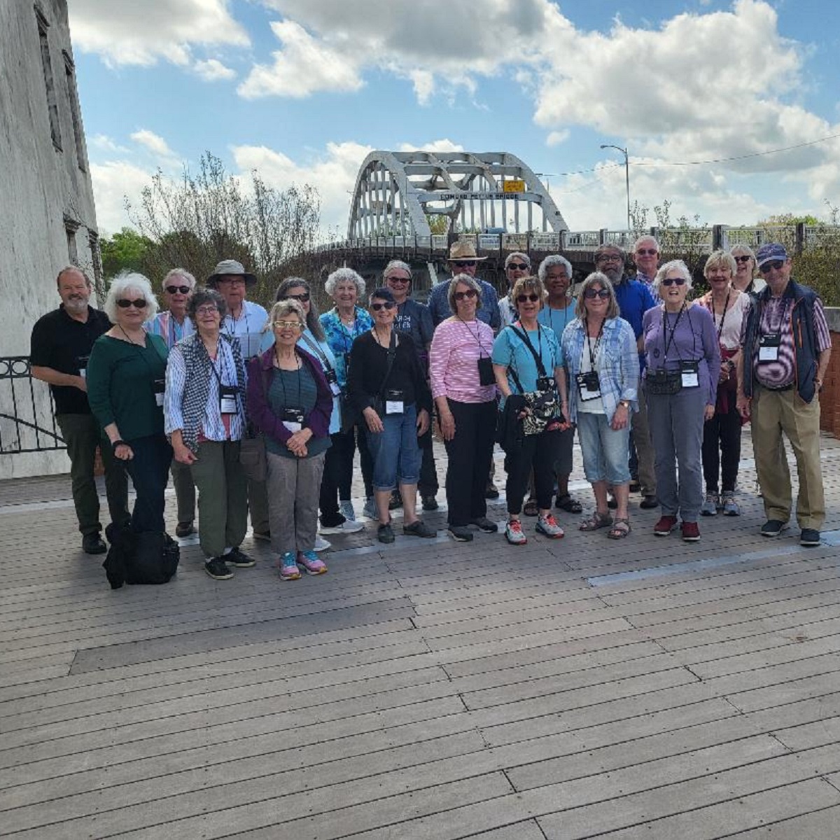 The OLLI group stands in front of the Edmund Winston Pettus Bridge