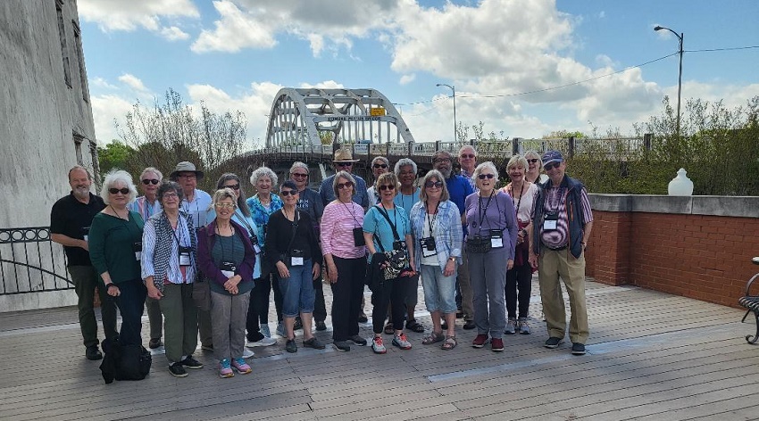 The OLLI group stands in front of the Edmund Winston Pettus Bridge