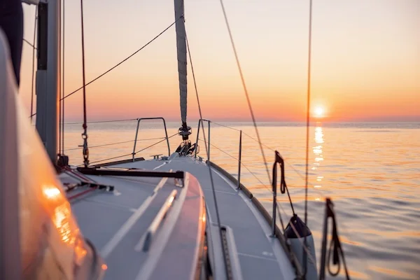 View from the deck of a yacht - with a sunset on the horizon