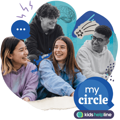 A group of teens sitting together, laughing and smiling. They are in a bubble surrounded by squiggles drawn by hand.