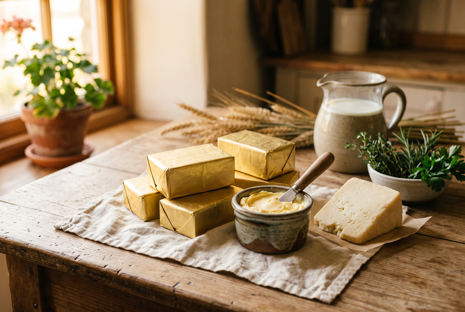 The Kerrygold range laid out together on a dark oak surface in warm natural light