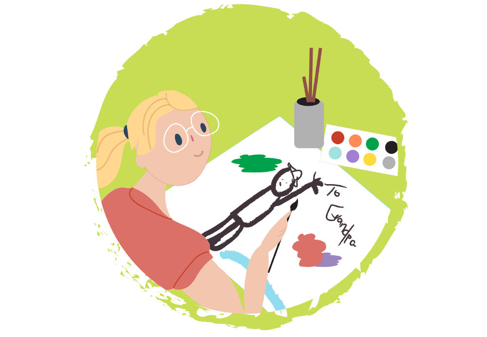 Illustration of a person painting at a table. A sheet of paper shows a drawn figure with paint marks, and the word “Grandpa” written nearby. Paint pots and brushes sit on the table.