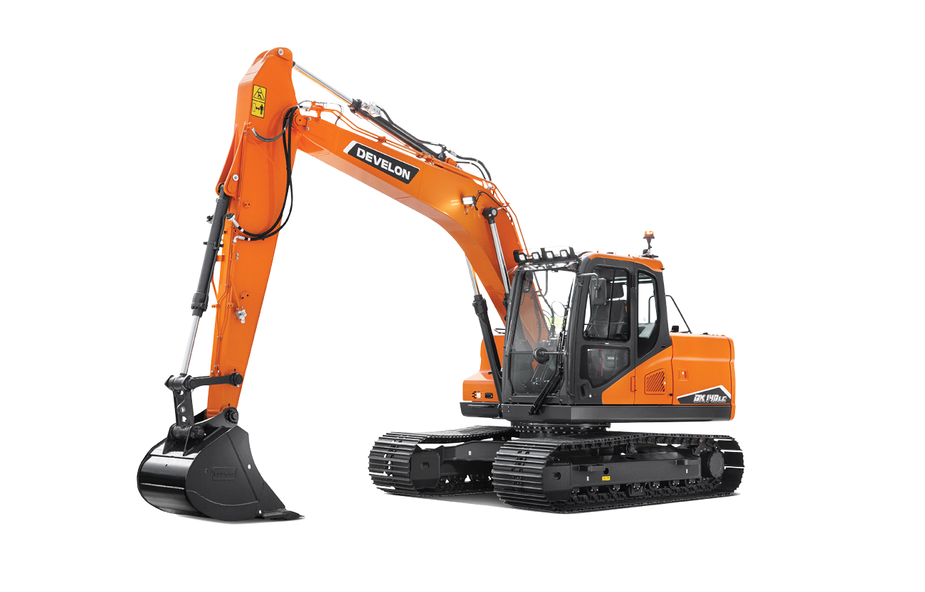 A DX140LC-7K crawler excavator on gray background.