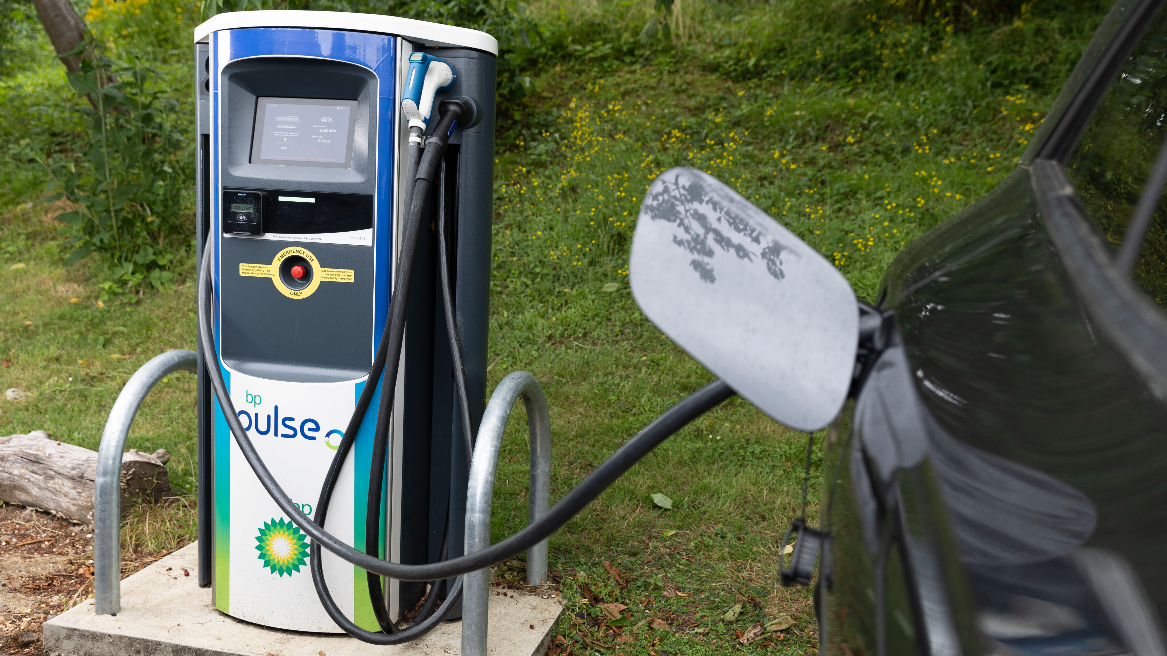 Close-up of a black electric car charging at a bp pulse charging point, set outdoors with greenery in the background.