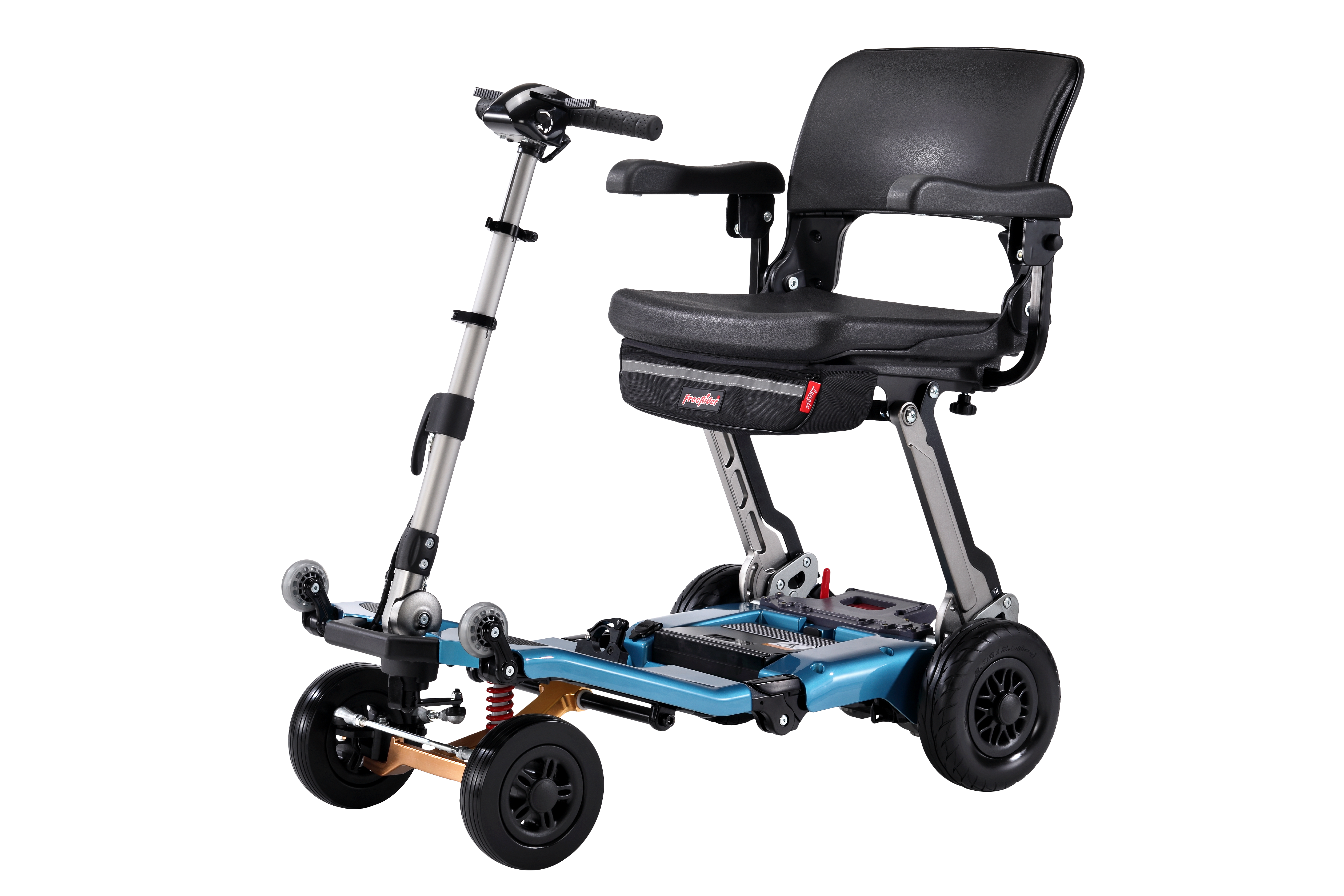 A lightweight folding four-wheel mobility scooter with a metallic frame and adjustable tiller, featuring a small padded seat and compact wheels, ideal for transport and storage.