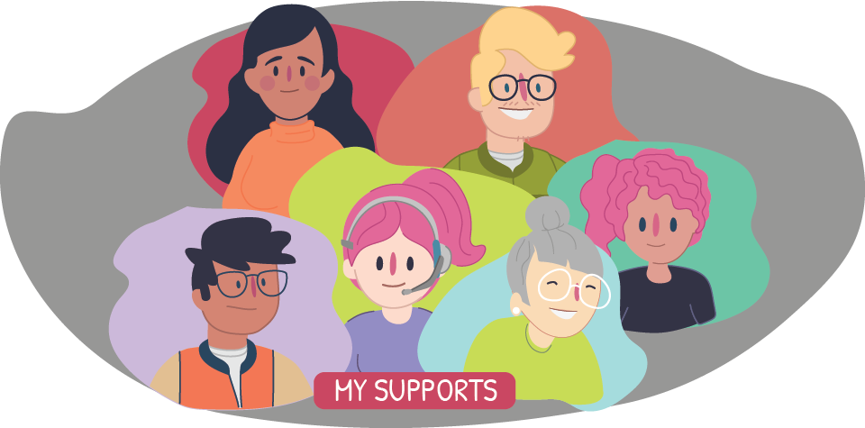 Illustrated portraits of several people with the words “My supports” displayed below.