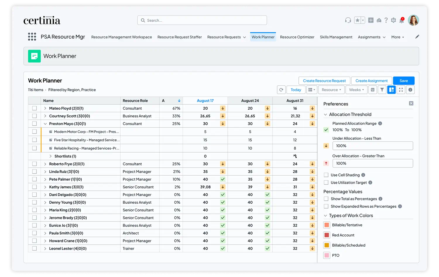 List view of Certinia Professional Services (PS) Cloud's resource management work planner