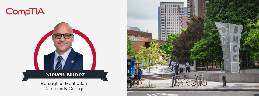 Photo of Steven Nunez alongside the BMCC campus