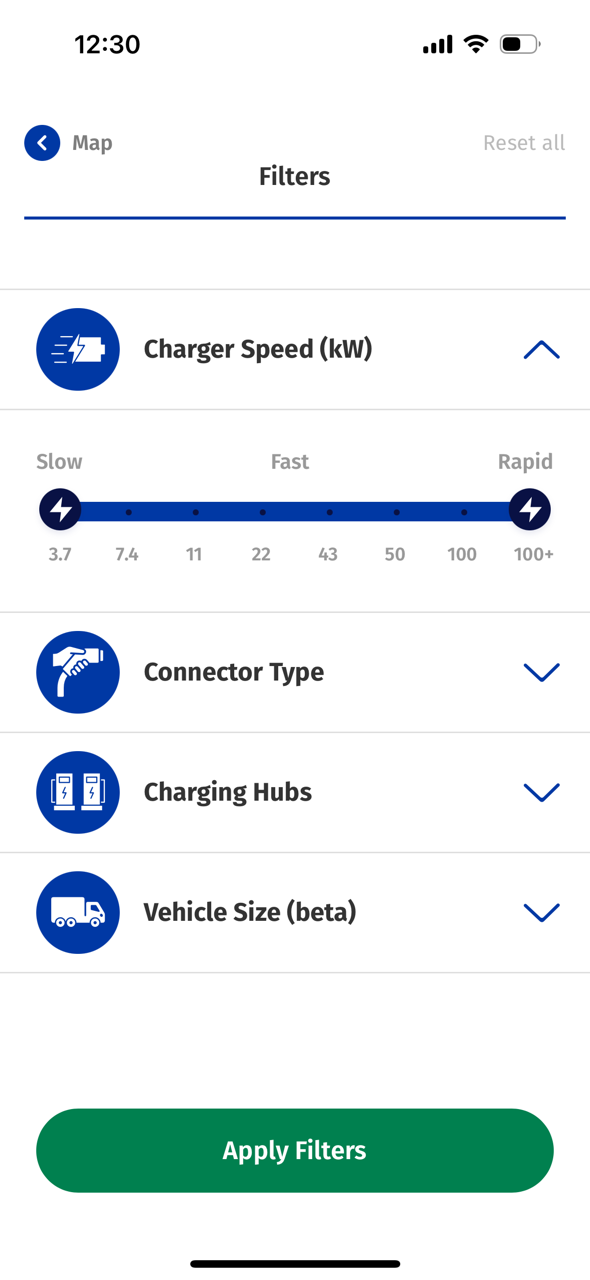 Mobile app screen showing electric vehicle charger filter options. Filters include charger speed (ranging from 3.7 kW to 100+ kW), connector type, charging hubs, and vehicle size (beta). A green 'Apply Filters' button is at the bottom.