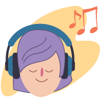 person with a smile listening to music wearing headphones
